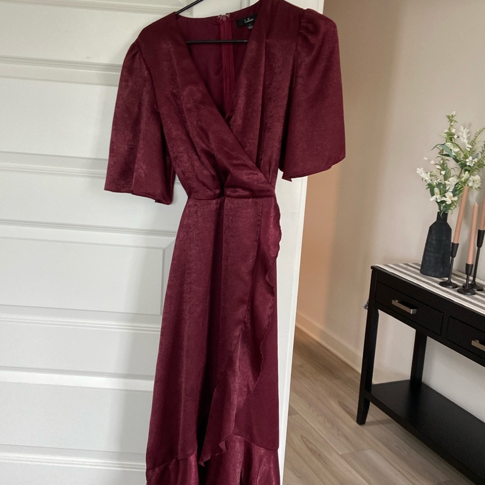 Lulus Maroon Satin-effect Wrap Dress Cocktail
